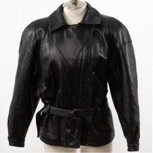 Vintage 80s Black Leather Jacket M Footballer Short Blazer Coat